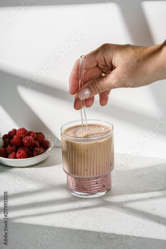 Latte with fresh raspberries and milk