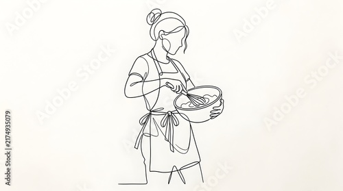 Baking woman line art illustration mixing ingredients in a bowl with whisk, baking hobby concept