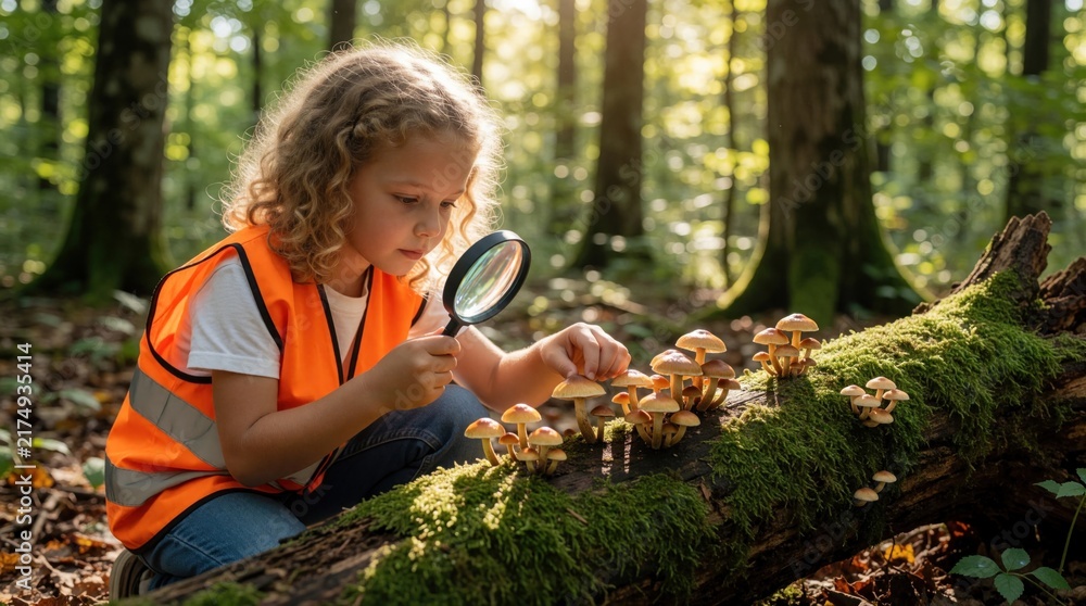 Obraz premium Young female child investigates fungi on a mossy log in woods. Girl uses magnifying glass to observe small mushrooms during outdoor nature study time.