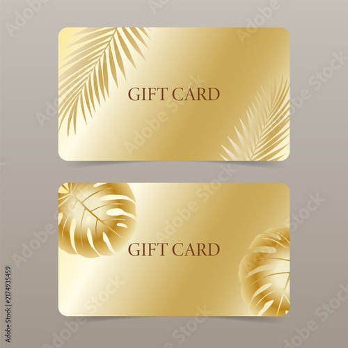 A template of a gold gift card with a tropical design. Vector illustration.
