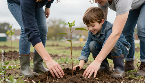 Child and Adult Planting Young Sapling Together: Eco-Friendly Activity