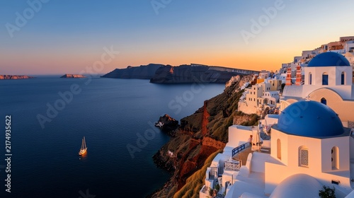 Santorini Sunset Serenity: Iconic whitewashed buildings with blue-domed roofs cascade down a cliffside overlooking the Aegean Sea, bathed in the golden hues of a breathtaking sunset.