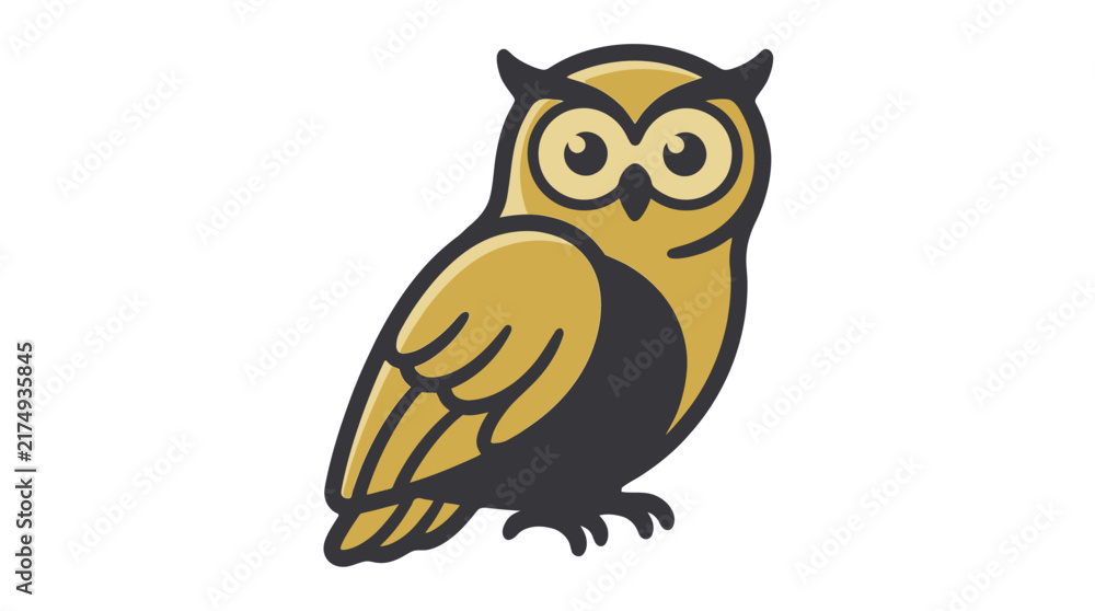 Fototapeta premium Stylized golden owl illustration with bold dark outlines, minimalist vector graphic design of a wise bird