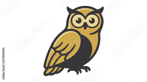 Stylized golden owl illustration with bold dark outlines, minimalist vector graphic design of a wise bird