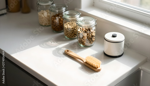 Eco-Friendly Kitchen Counter with Glass Jars and Dish Brush: Sustainable Living