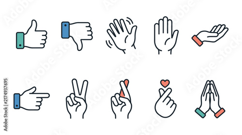 Bild auf Leinwand Collection of stylized hand gesture icons including thumbs up, thumbs down, wavi