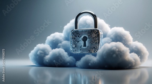Secure cloud icon with circuit board pattern rests on fluffy clouds. Digital padlock symbolizes data protection and online safety in cyber space. Technology concept.