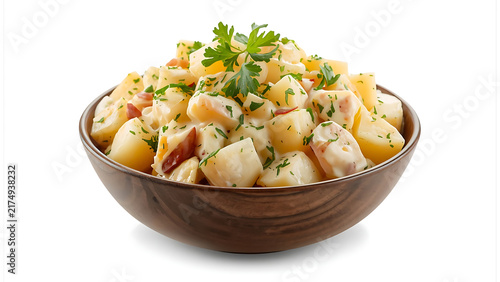 Creamy Potato Salad with Herbs in Wooden Bowl Isolated PNG on Transparent Background
