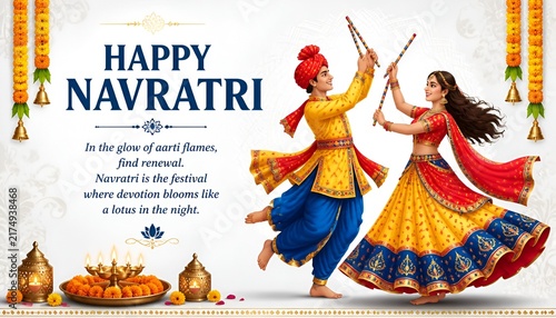 Happy Navratri Garba Dance Illustration with Traditional Couple and Floral Decoration