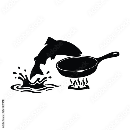 Fish jumping into frying pan silhouette icon vector flat des