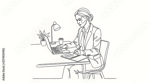 Continuous one line drawing of a businesswoman working on a laptop at her desk with coffee cup and plant, minimalist black and white home office illustration, focused professional woman working remote