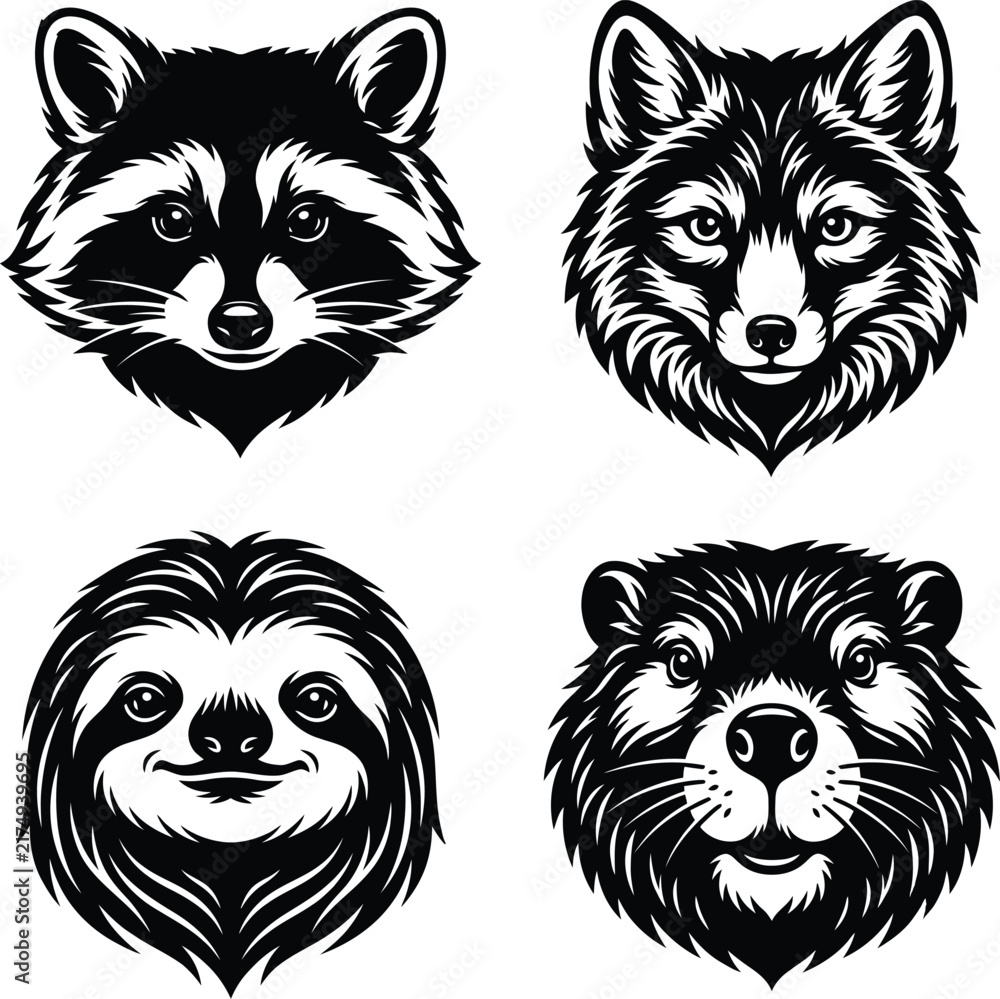 Naklejka premium Forest Animal Heads Vector Set
