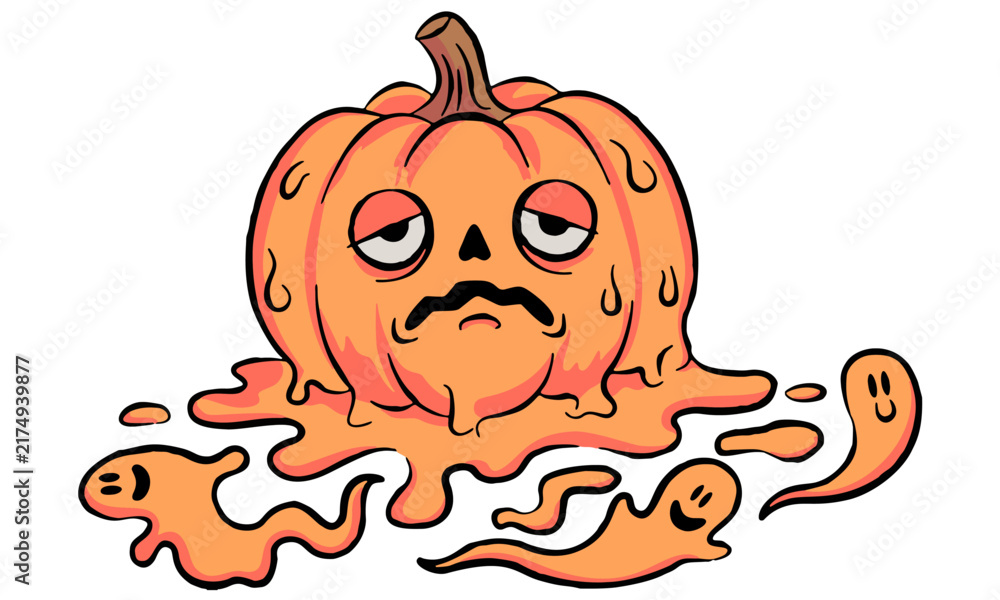 Obraz premium Cartoon pumpkin character with melting shape expressing sadness