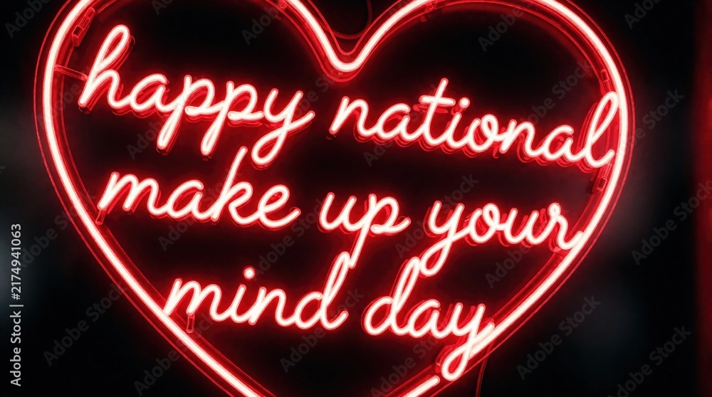 Naklejka premium Red neon sign spelling happy national make up your mind day forms a heart shape against a dark background. Perfect for celebrating indecisiveness and making choices.