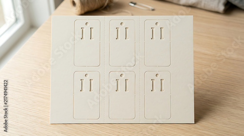 Minimalist white card mockup with six empty gift tag slots for branding design