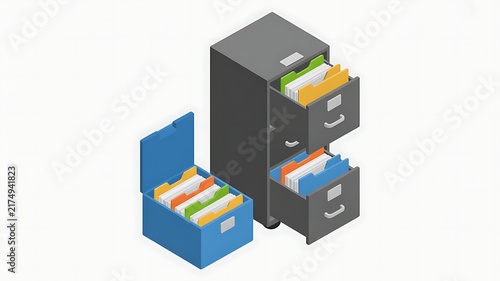 Isometric 3D Office Storage Cabinets and Document Boxes for Efficient Organizational Filing Systems