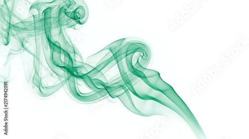 Abstract green smoke swirl on white background.