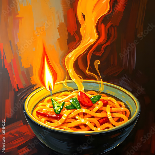 A stylized close-up of a bowl of noodles surrounded by vivid orange flames, with vegetables and green herbs visible among the noodles, creating a fiery and dramatic culinary illustration.