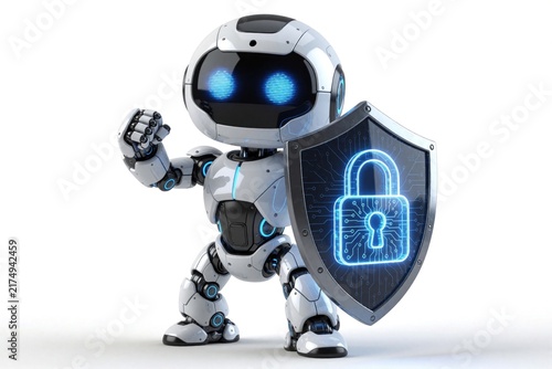 Small humanoid robot holds shield with padlock icon. Futuristic android protects digital data. Cyber security bot ensures network safety on white.