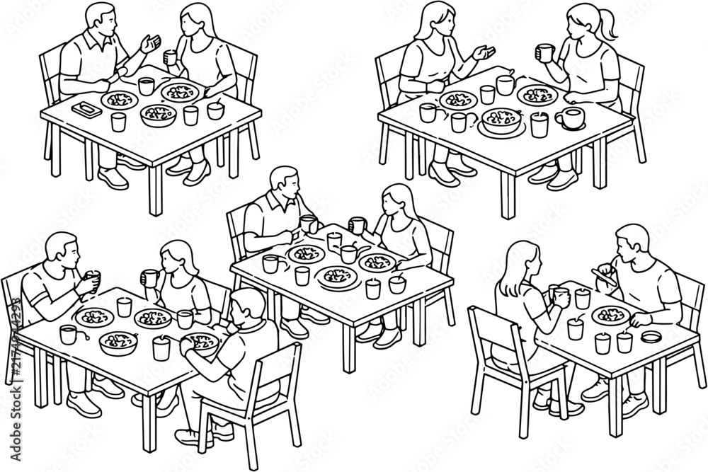 Fototapeta premium Restaurant Interior Dining Scene Black Line Art