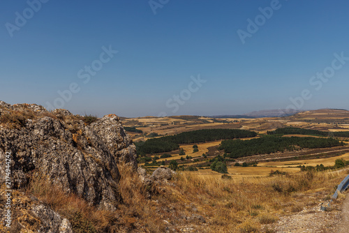 Landscape with golden fields and rocks in Castile, Spain