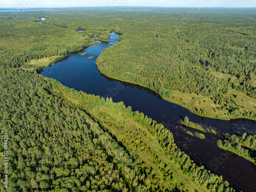 Aerial view of a winding river meandering through green taiga forest and fields near Kindasovo village in Karelia, Russia