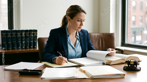 A professional female attorney sits at her desk reviewing legal documentation and preparing court case files while wearing a business suit inside a firm office during her busy workday afternoon