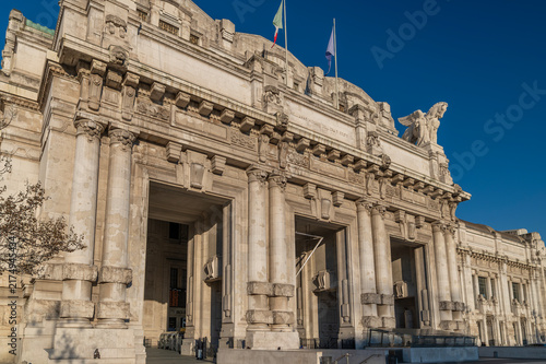 Monumental facade and main entrance of Milano Centrale railway station in Milan, Italy