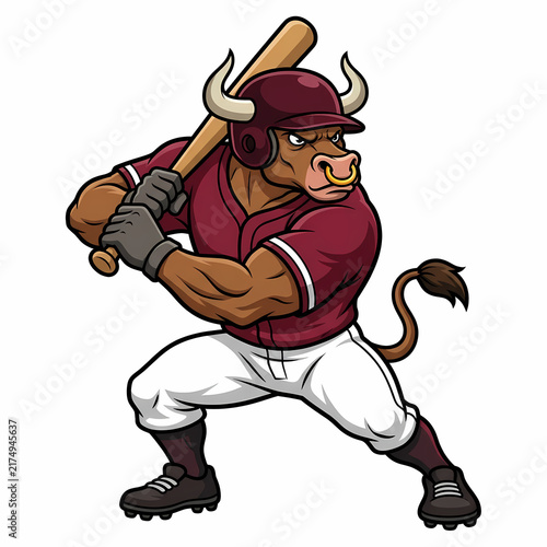Muscular bull character mascot wearing a red baseball uniform while holding a wooden bat ready for hitting the ball during a competitive match played on the field with power and determination
