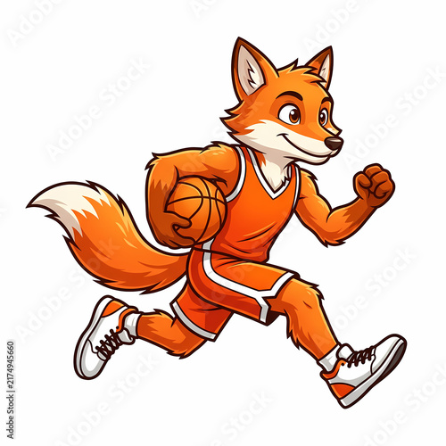 Energetic fox character wearing orange basketball jersey uniform while running with ball across court for competitive game play representing team spirit and active lifestyle for youth sports