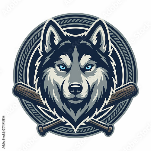 Fierce wolf head mascot emblem combined with crossed baseball bats for sports team branding identity design showing a strong canine predator character representing aggressive athletic