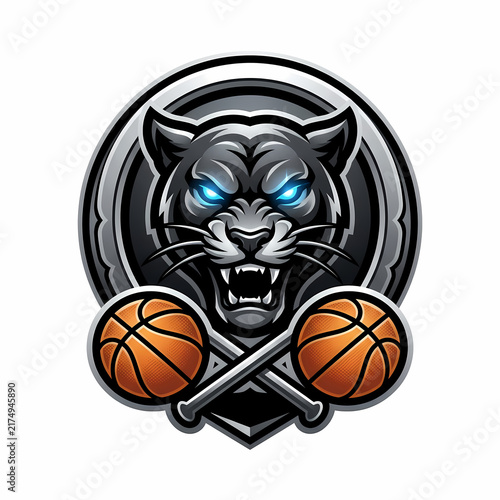 Fierce Panther Mascot Emblem Featuring Glowing Eyes And Crossed Basketballs For Athletic Team Identity Symbols Representing Competitive Sports Culture And Professional Training Achievement