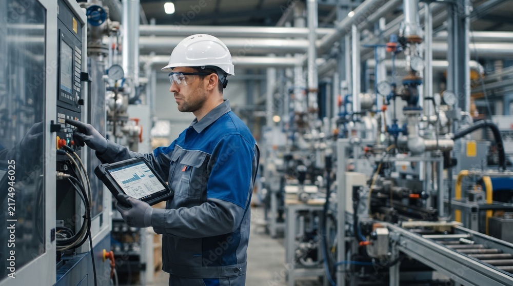 Fototapeta premium Technician inspecting machine with digital tablet in modern industrial factory