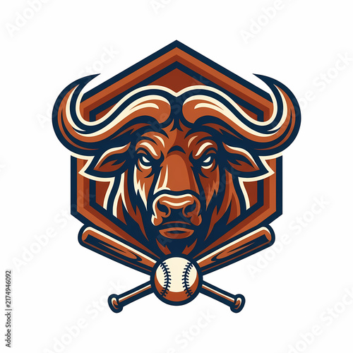 Aggressive Buffalo Mascot Logo Emblem With Baseball Bats And Equipment For Sports Team Branding Badge Designs Incorporating Horned Bovine Animal Head Symbolizing Power Strength And Athletic