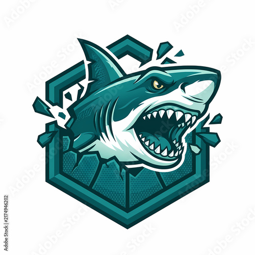 Fierce shark breaking through a geometric frame representing strength and power for sports team logos or gaming avatars with an aggressive predator design that brings intensity to brand identity