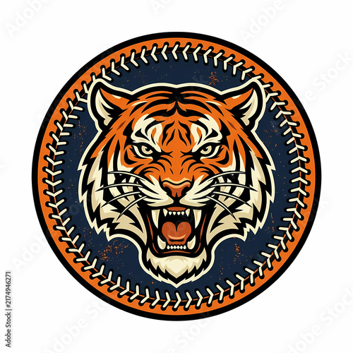 Aggressive tiger face emblem inside a round baseball seam border for sports team logo branding apparel design gear representing strength power ferocity and competitive spirit for all athletic