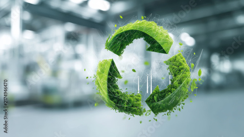 Recycling symbol with green arrows in a modern space showing commitment to sustainability and environmental practices in an industrial setting