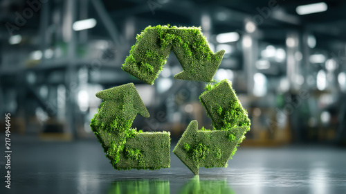 Green recycling symbol made of grass in a factory setting with natural light shining through the windows highlighting sustainability