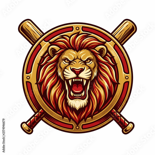 Ferocious lion head emblem featuring crossed wooden bat sporting equipment integrated into a round shield design ideal for professional athletic team branding or competitive tournament sports