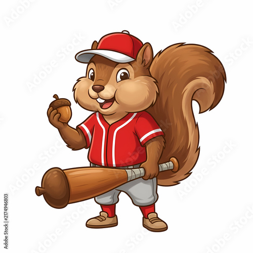 Happy squirrel character wearing a baseball uniform while holding a wooden bat and a small acorn ready to play a fun game of sports in the park during a sunny day for children active healthy play