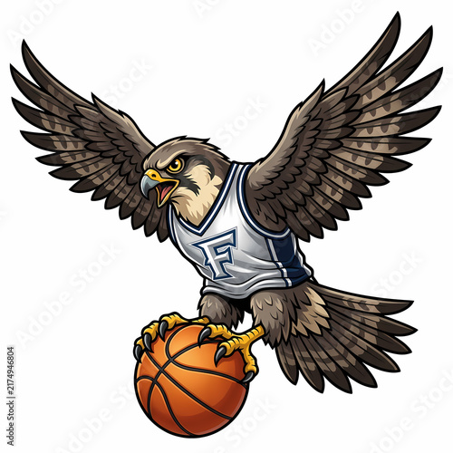 Fierce falcon basketball mascot wearing a competitive jersey holding a ball with sharp talons representing athletic spirit team pride and power in collegiate sports competitions for championship