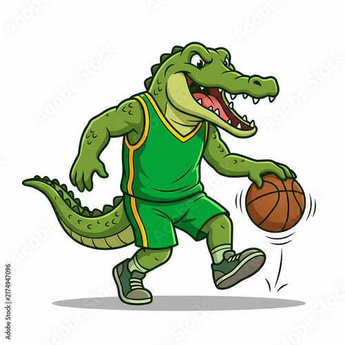 Aggressive crocodile character wearing green sportswear dribbling a basketball on a court to represent athletic competition and youth sports mascots for team apparel branding or fan merchandise