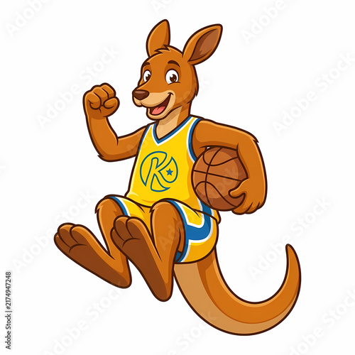 Happy kangaroo athlete character wearing athletic sportswear playing basketball as a competitive team mascot performing jump shot action in professional sports tournament game for energetic