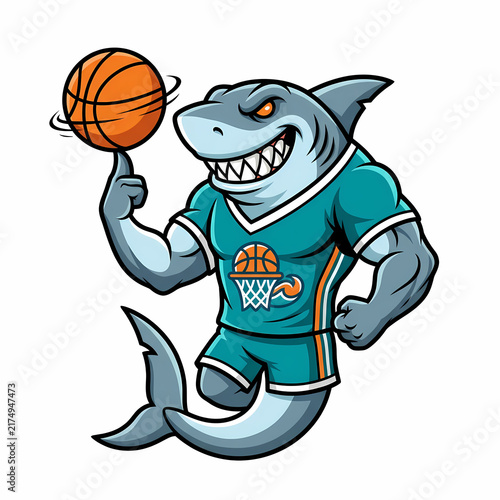 A fierce shark wearing a teal jersey spins a orange basketball on its finger while showing a happy smile representing an active athletic character mascot for sports team branding and tournament