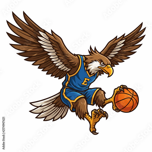 Aggressive Eagle Mascot Dribbling A Basketball While Soaring In The Air Wearing A Sport Jersey For Athletic Competition Team Branding Emblems And Sports Merchandise Design Applications For Youth
