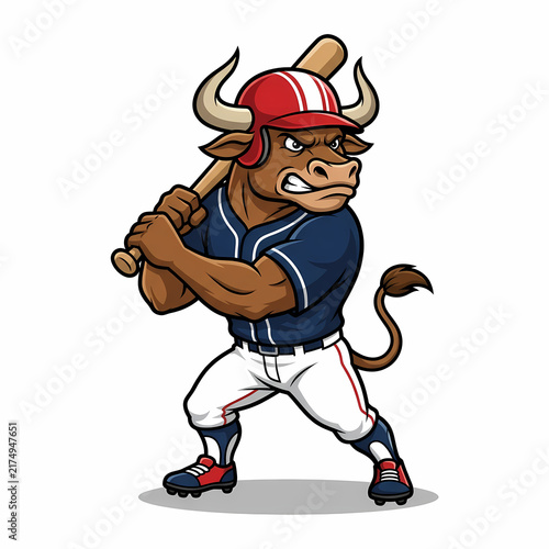 Fierce Bull Mascot Athlete Wearing Protective Helmet Holding Wooden Bat Ready For Game Action Representing Competitive Spirit For Sports Teams And Athletic Organizations Seeking Powerful Brand