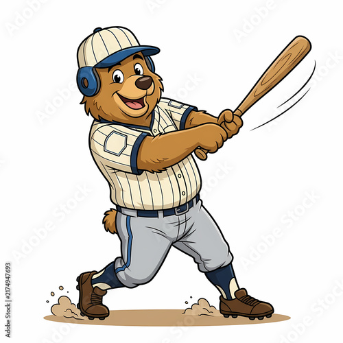 A cheerful brown bear mascot wearing a striped uniform swings a wooden bat during a competitive summer ball game match representing fun sports teamwork and athletic energy in a joyful active