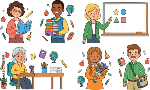 Bild auf Leinwand Cute teacher and education character collection with books, globe, classroom, st