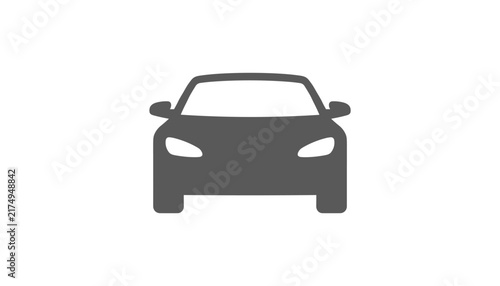 Front view silhouette icon of a modern compact car with headlights turned on isolated on a clean white background.