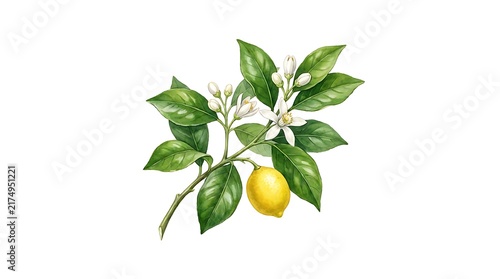 Watercolor lemon branch with white blossoms and green leaves on a white background